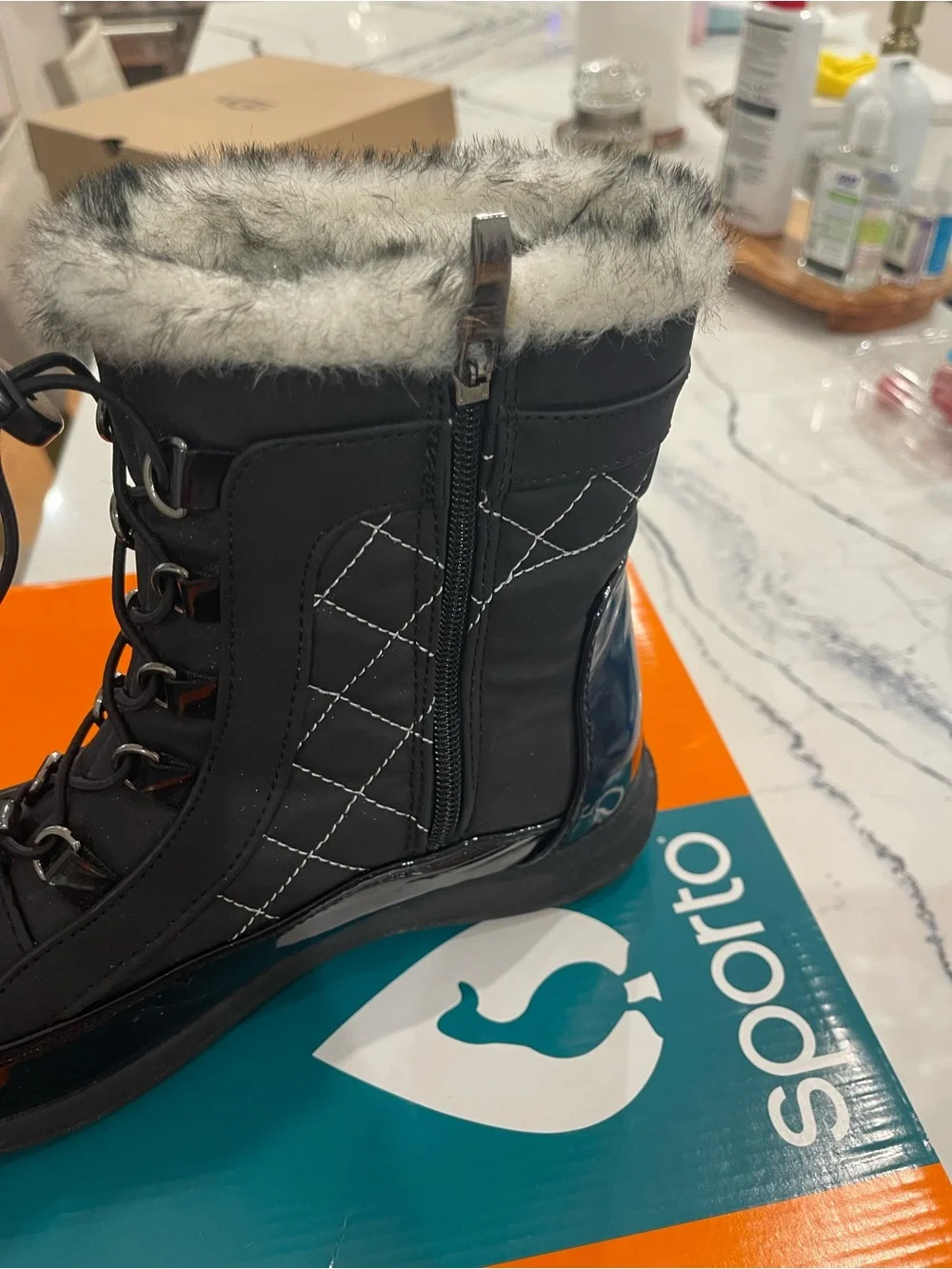 Sporto Black Quilted Lace-Up Winter Boot with Faux Fur Cuff